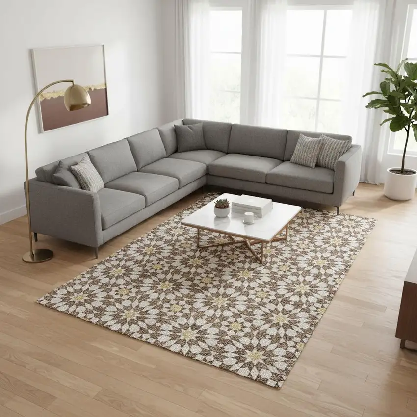 Chocolate Ivory And Gold Geometric Washable Area Rug With UV Protection Photo 2