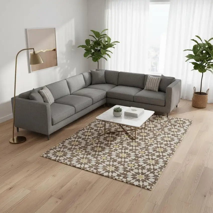 Chocolate Ivory And Gold Geometric Washable Area Rug With UV Protection Photo 2