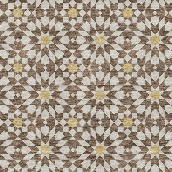 Chocolate Ivory And Gold Geometric Washable Area Rug With UV Protection Photo 3