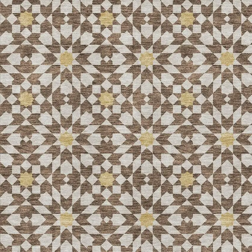 Chocolate Ivory And Gold Geometric Washable Area Rug With UV Protection Photo 3