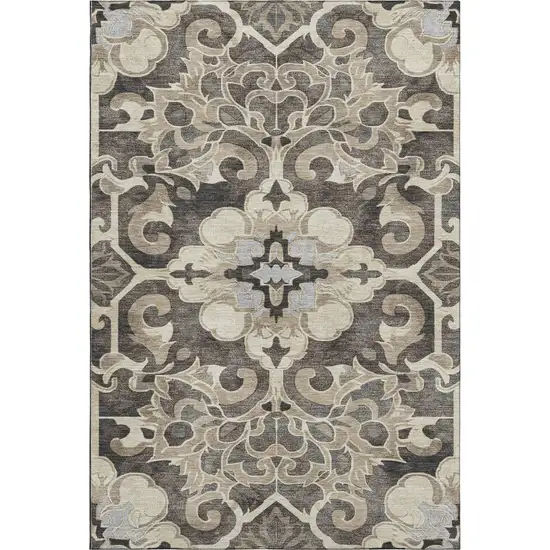 Chocolate Ivory And Gray Floral Medallion Washable Area Rug With UV Protection Photo 1