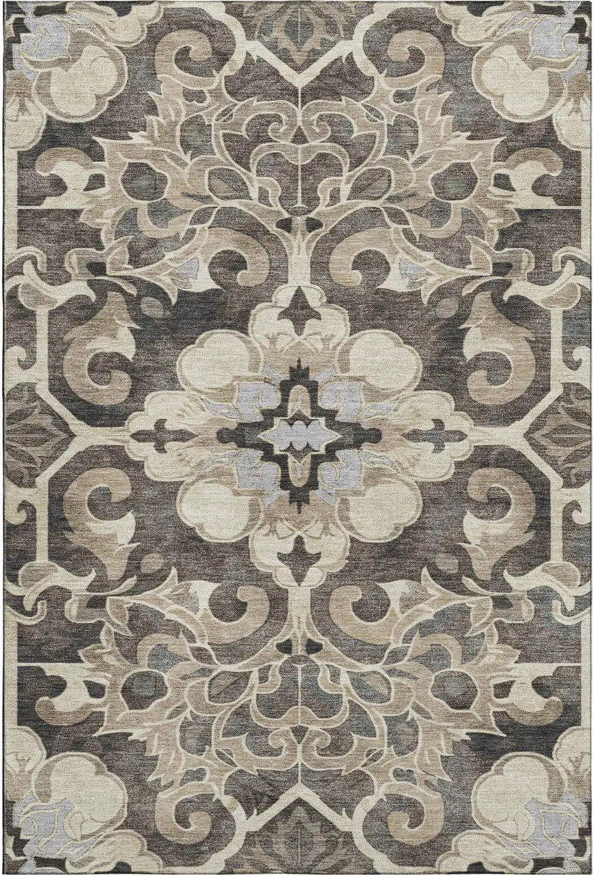 Chocolate Ivory And Gray Floral Medallion Washable Area Rug With UV Protection Photo 1