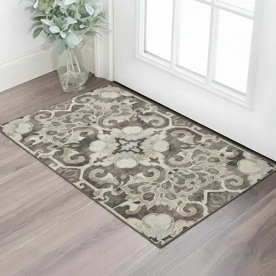 Chocolate Ivory And Gray Floral Medallion Washable Area Rug With UV Protection Photo 2