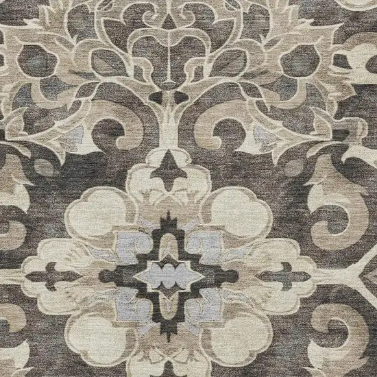 Chocolate Ivory And Gray Floral Medallion Washable Area Rug With UV Protection Photo 3