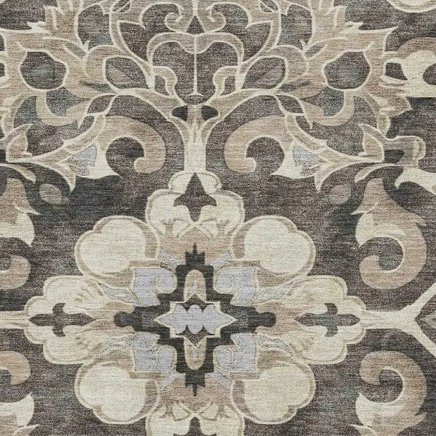 Chocolate Ivory And Gray Floral Medallion Washable Area Rug With UV Protection Photo 3