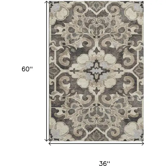 Chocolate Ivory And Gray Floral Medallion Washable Area Rug With UV Protection Photo 9