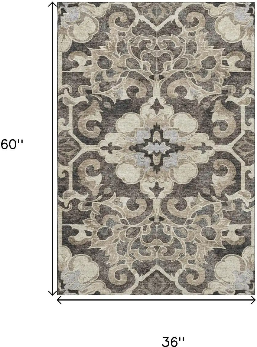 Chocolate Ivory And Gray Floral Medallion Washable Area Rug With UV Protection Photo 9