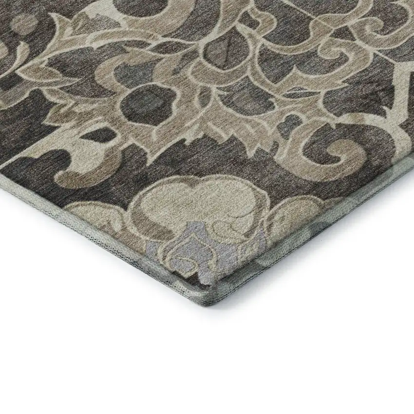 Chocolate Ivory And Gray Floral Medallion Washable Area Rug With UV Protection Photo 8