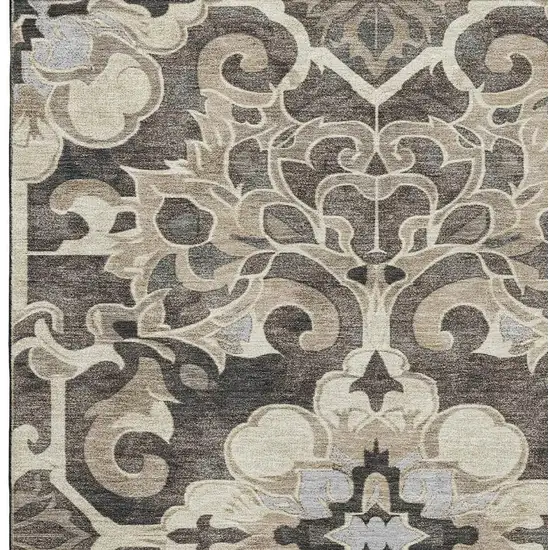 Chocolate Ivory And Gray Floral Medallion Washable Area Rug With UV Protection Photo 3