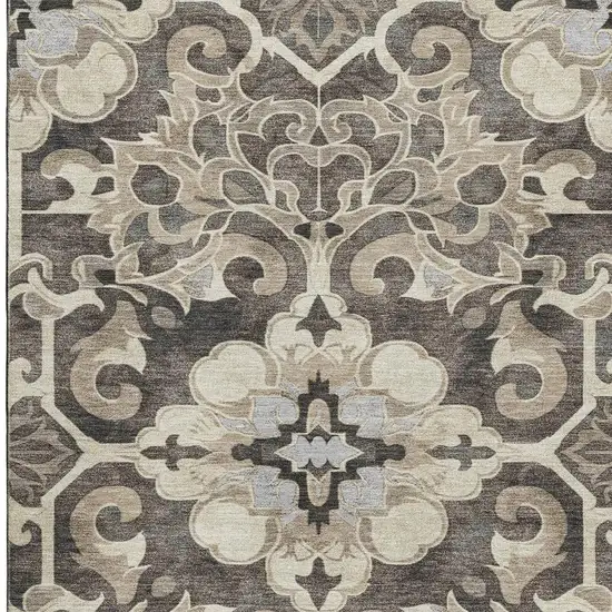 Chocolate Ivory And Gray Floral Medallion Washable Area Rug With UV Protection Photo 4
