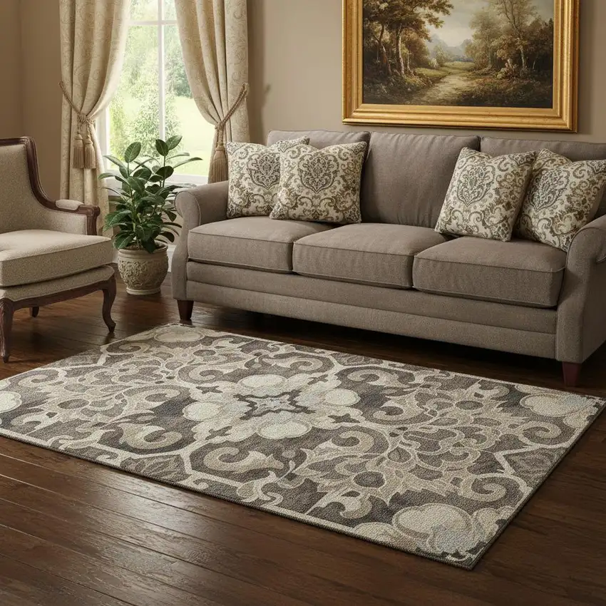 Chocolate Ivory And Gray Floral Medallion Washable Area Rug With UV Protection Photo 2