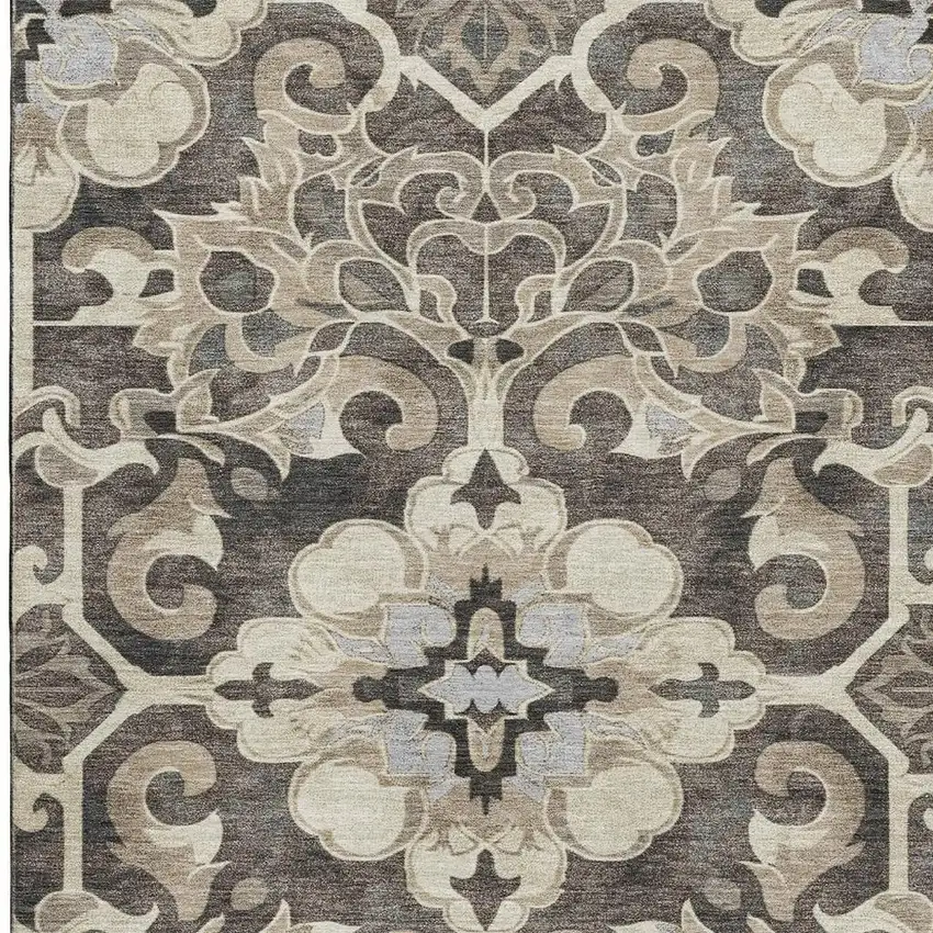 Chocolate Ivory And Gray Floral Medallion Washable Area Rug With UV Protection Photo 4