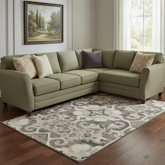 Chocolate Ivory And Gray Floral Medallion Washable Area Rug With UV Protection Photo 2