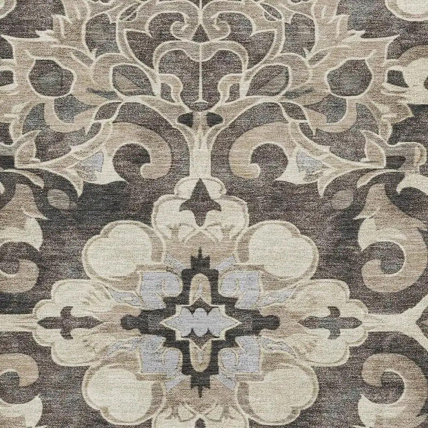 Chocolate Ivory And Gray Floral Medallion Washable Area Rug With UV Protection Photo 3