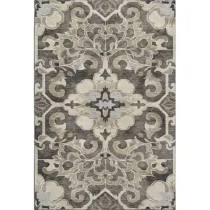 Photo of Chocolate Ivory And Gray Floral Medallion Washable Area Rug With UV Protection