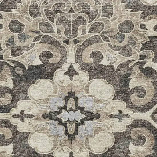Chocolate Ivory And Gray Floral Medallion Washable Area Rug With UV Protection Photo 3