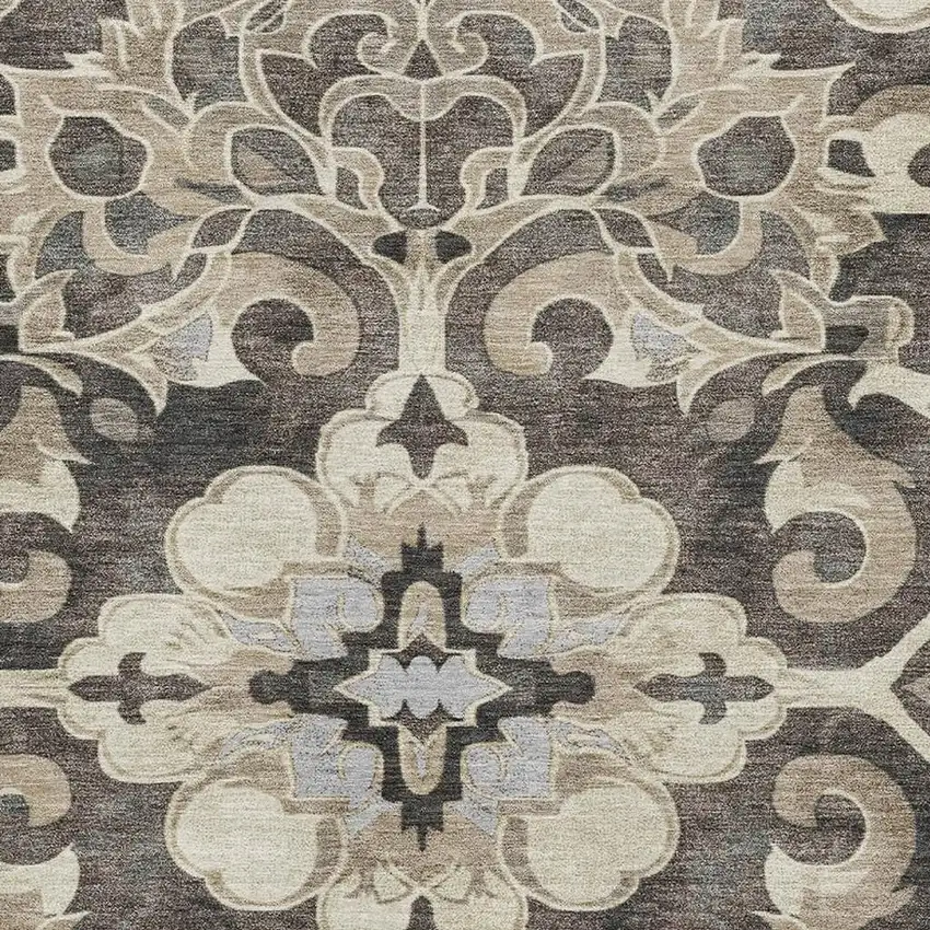 Chocolate Ivory And Gray Floral Medallion Washable Area Rug With UV Protection Photo 3