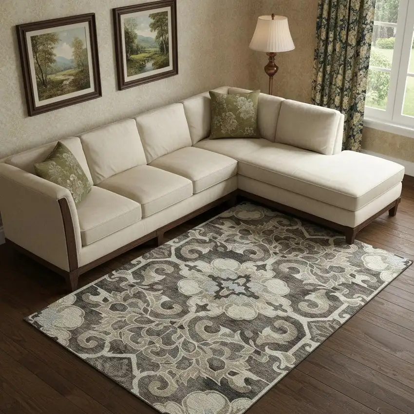 Chocolate Ivory And Gray Floral Medallion Washable Area Rug With UV Protection Photo 2