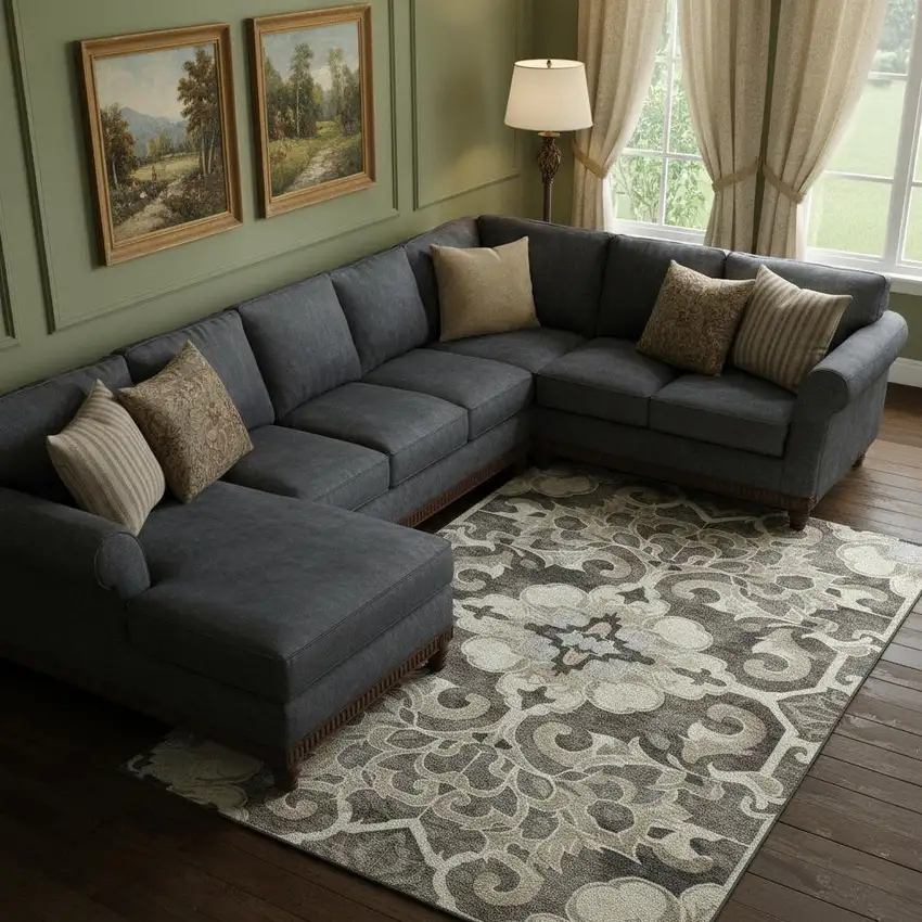 Chocolate Ivory And Gray Floral Medallion Washable Area Rug With UV Protection Photo 2