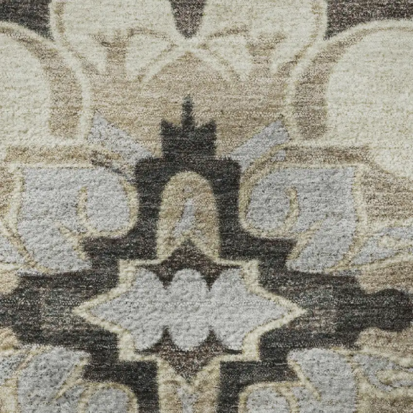 Chocolate Ivory And Gray Floral Medallion Washable Area Rug With UV Protection Photo 8
