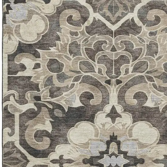 Chocolate Ivory And Gray Floral Medallion Washable Area Rug With UV Protection Photo 3