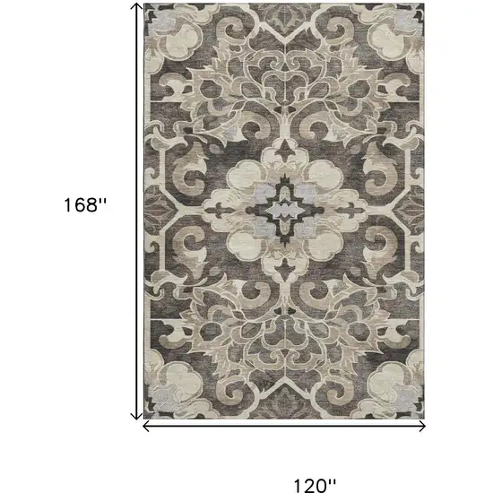 Chocolate Ivory And Gray Floral Medallion Washable Area Rug With UV Protection Photo 9