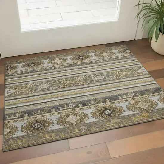 Chocolate Ivory And Gray Medallion Washable Area Rug With UV Protection Photo 2