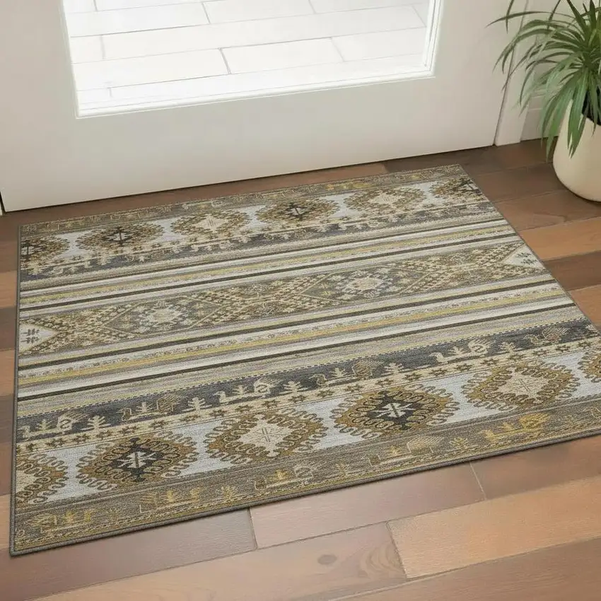 Chocolate Ivory And Gray Medallion Washable Area Rug With UV Protection Photo 2