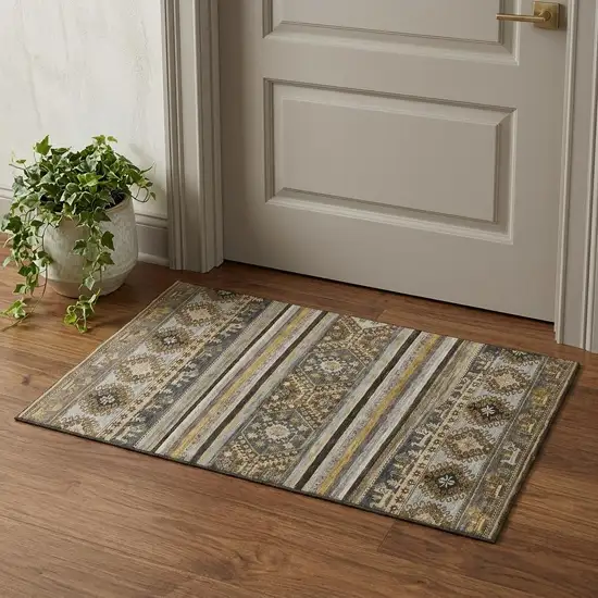 Chocolate Ivory And Gray Medallion Washable Area Rug With UV Protection Photo 1