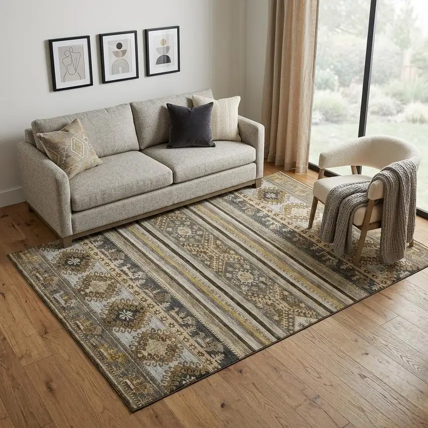 Chocolate Ivory And Gray Medallion Washable Area Rug With UV Protection Photo 1
