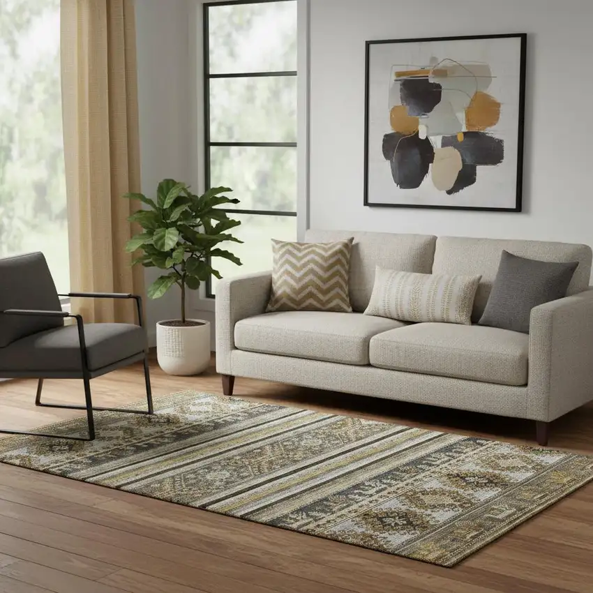 Chocolate Ivory And Gray Medallion Washable Area Rug With UV Protection Photo 2