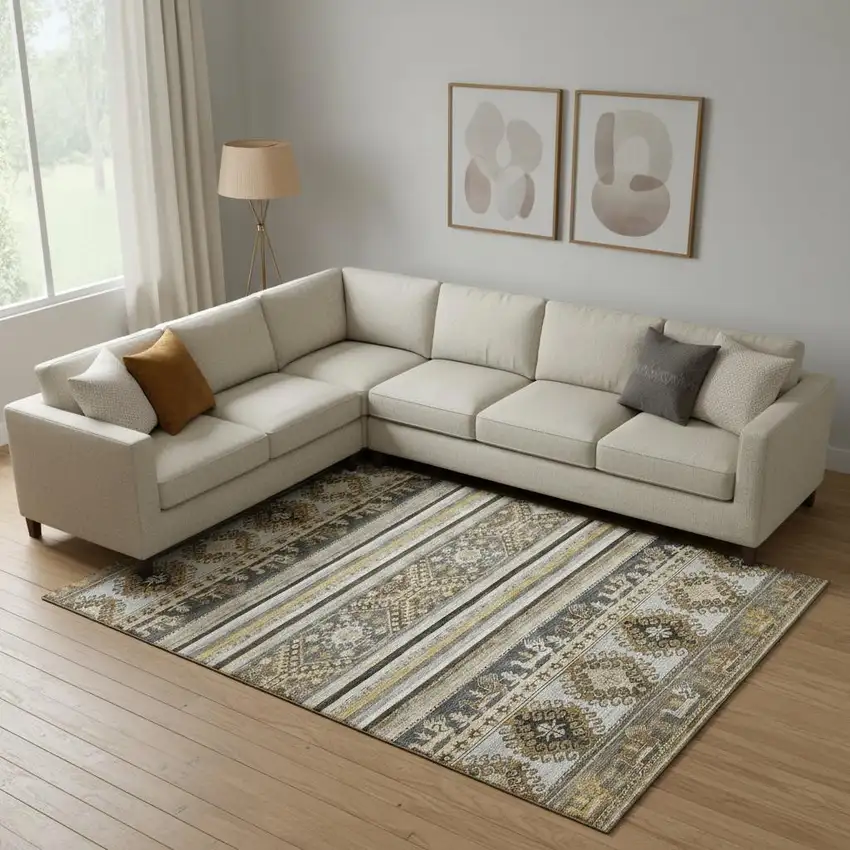 Chocolate Ivory And Gray Medallion Washable Area Rug With UV Protection Photo 2