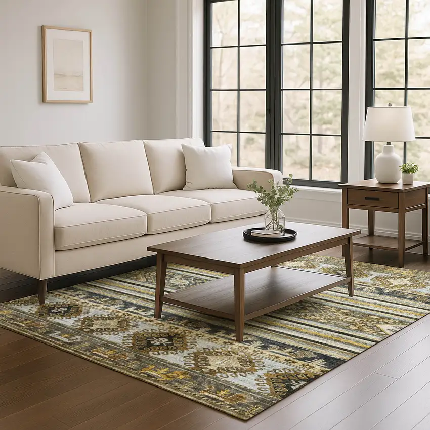 Chocolate Ivory And Gray Medallion Washable Area Rug With UV Protection Photo 4