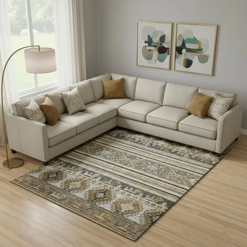 Chocolate Ivory And Gray Medallion Washable Area Rug With UV Protection Photo 2