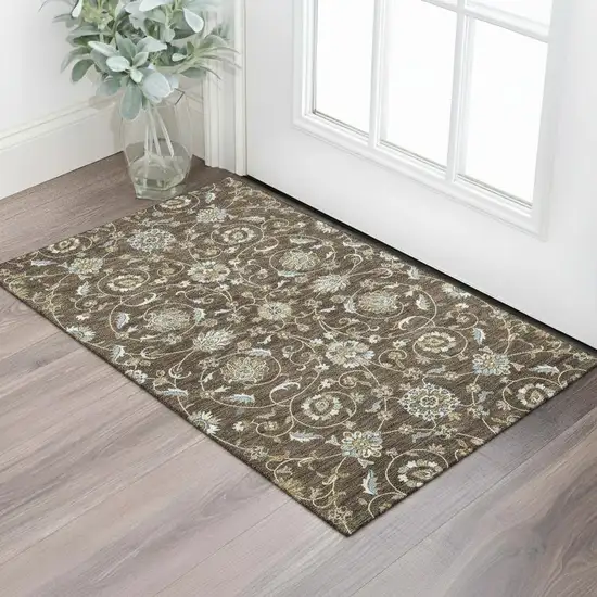 Chocolate Ivory And Gray Moroccan Washable Area Rug With UV Protection Photo 2
