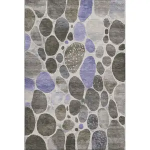 Photo of Chocolate Ivory And Lavender Geometric Washable Area Rug With UV Protection