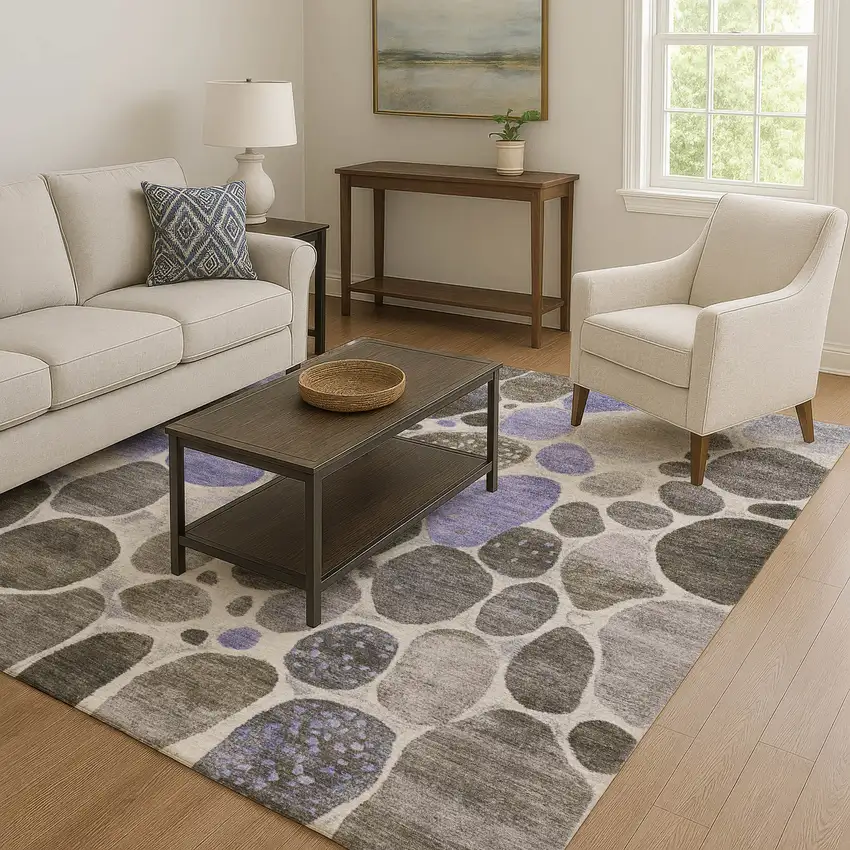 Chocolate Ivory And Lavender Geometric Washable Area Rug With UV Protection Photo 6