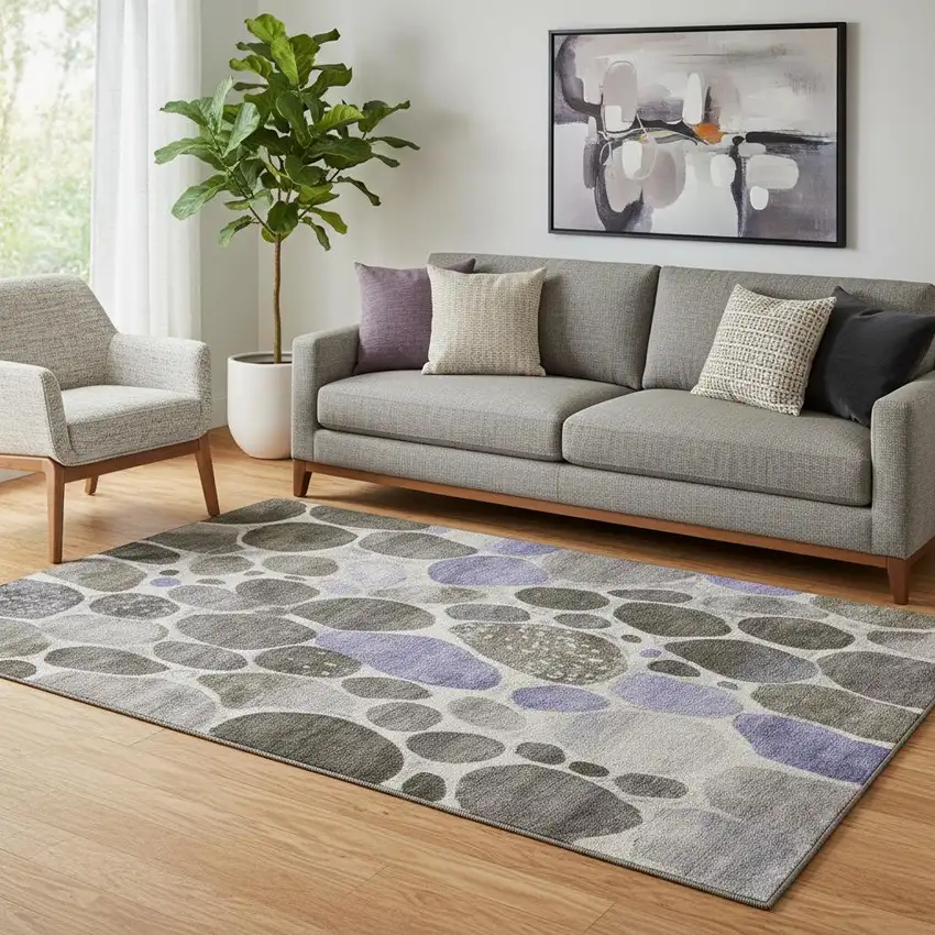 Chocolate Ivory And Lavender Geometric Washable Area Rug With UV Protection Photo 2