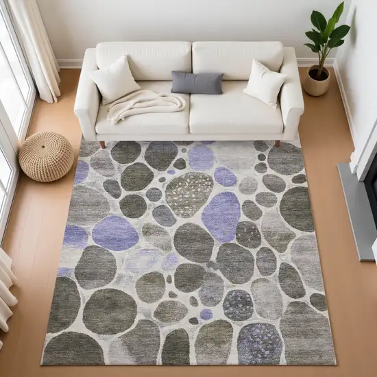 Chocolate Ivory And Lavender Geometric Washable Area Rug With UV Protection Photo 5
