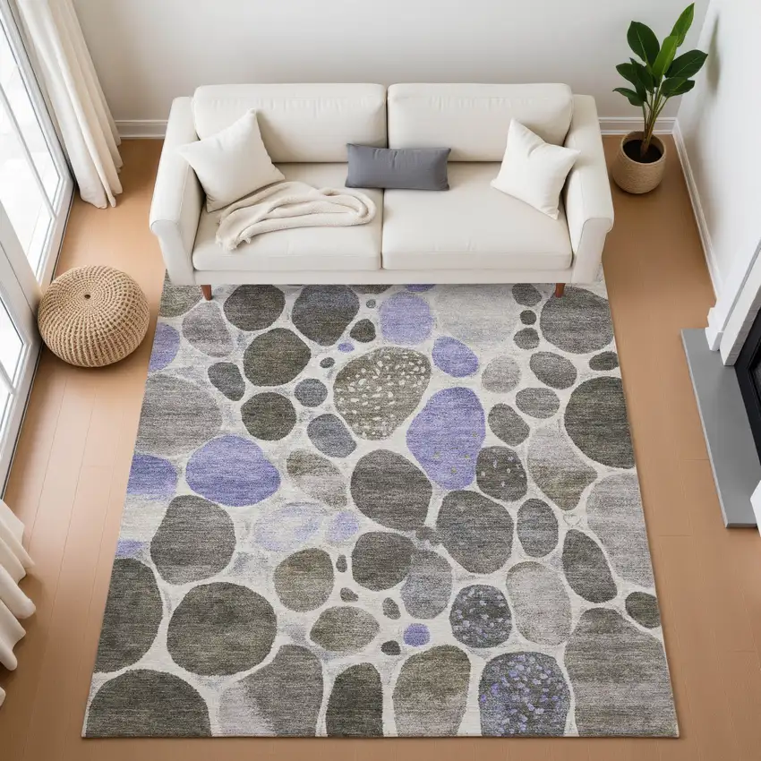 Chocolate Ivory And Lavender Geometric Washable Area Rug With UV Protection Photo 5