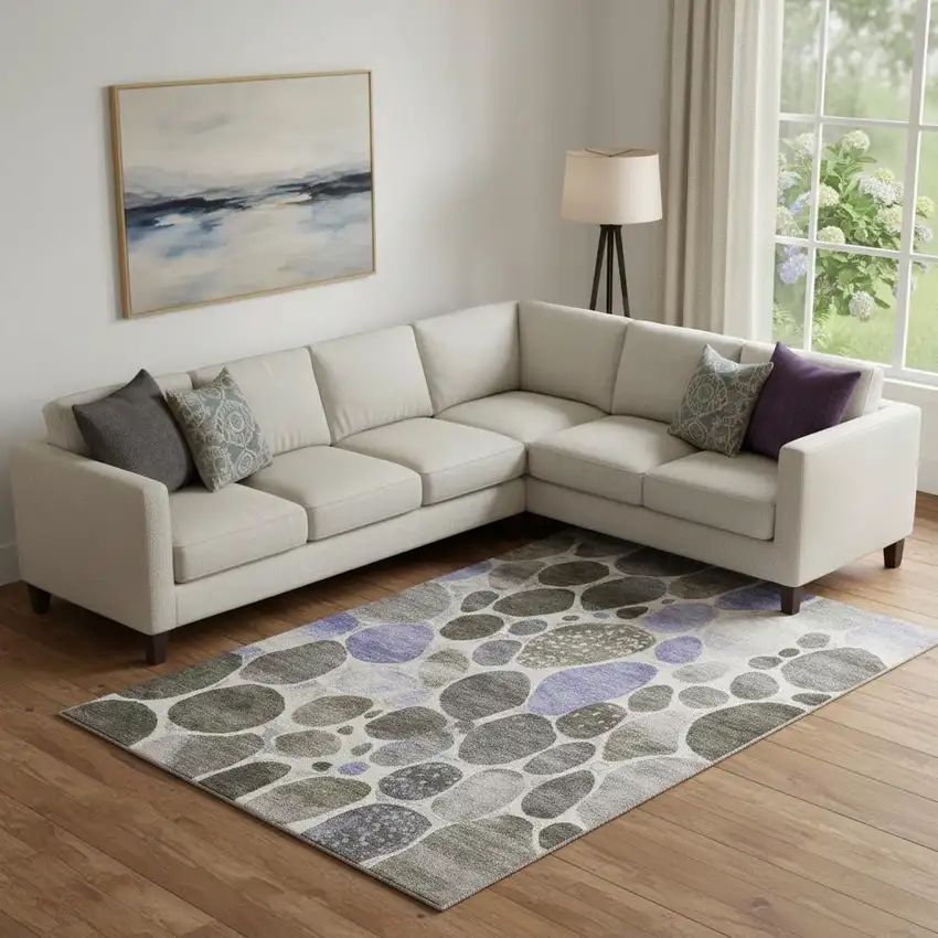 Chocolate Ivory And Lavender Geometric Washable Area Rug With UV Protection Photo 1