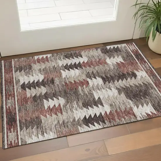 Chocolate Ivory And Rust Southwestern Washable Area Rug With UV Protection Photo 1