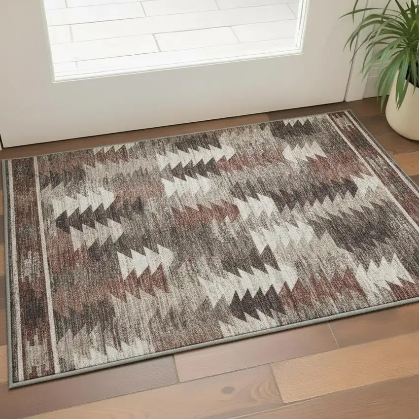 Chocolate Ivory And Rust Southwestern Washable Area Rug With UV Protection Photo 2