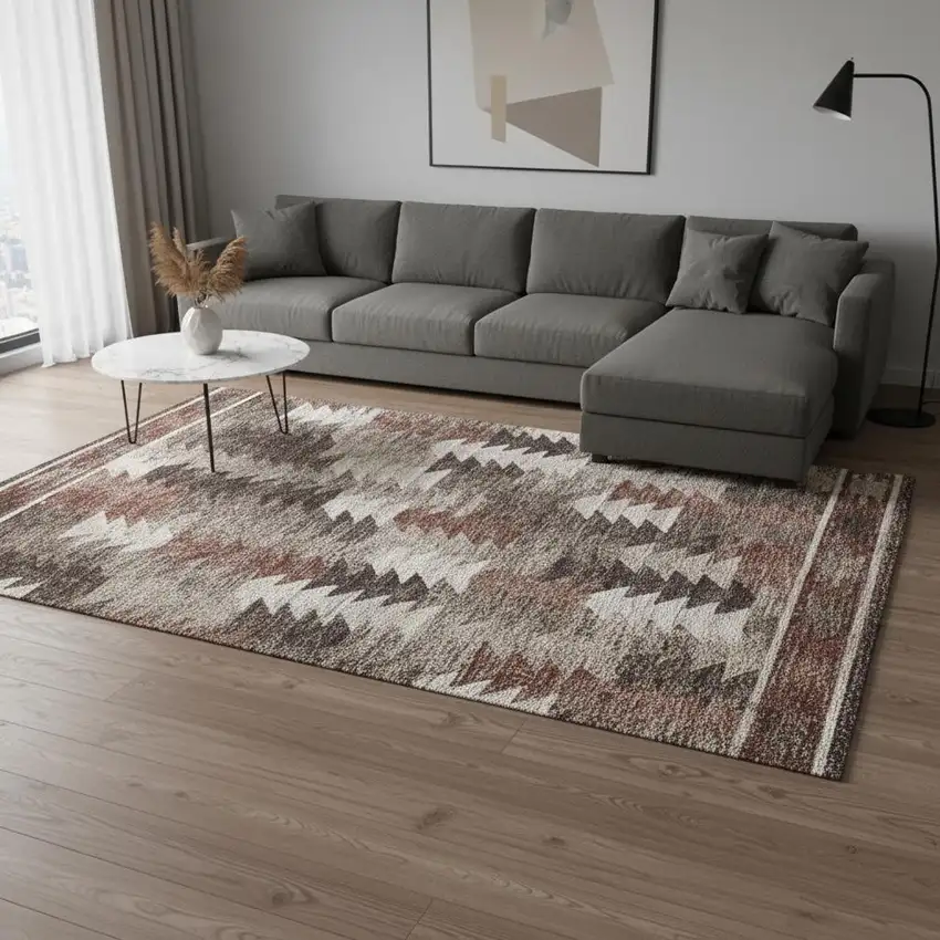 Chocolate Ivory And Rust Southwestern Washable Area Rug With UV Protection Photo 2