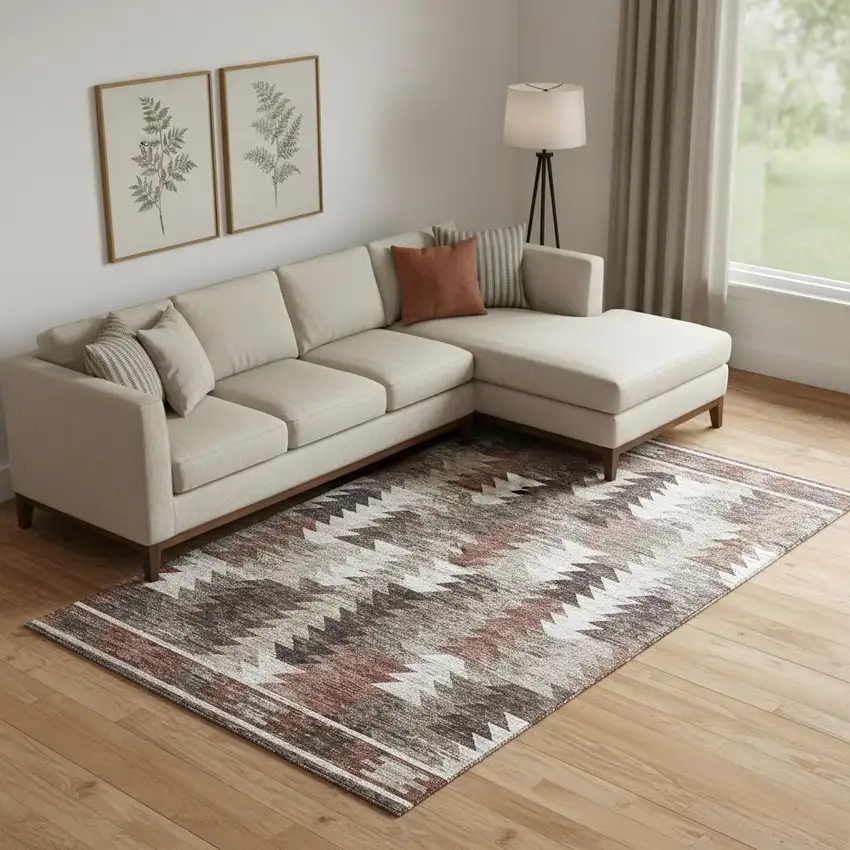 Chocolate Ivory And Rust Southwestern Washable Area Rug With UV Protection Photo 1