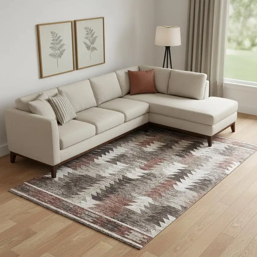 Chocolate Ivory And Rust Southwestern Washable Area Rug With UV Protection Photo 1