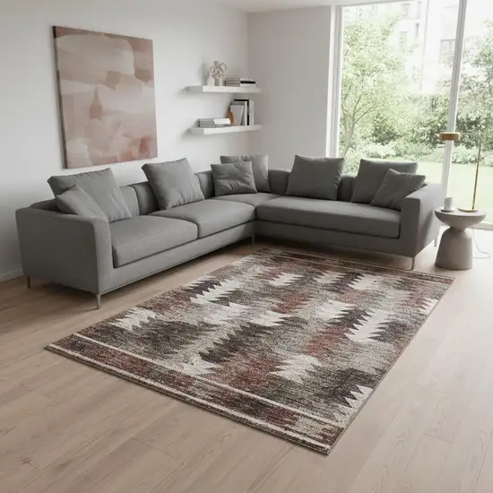 Chocolate Ivory And Rust Southwestern Washable Area Rug With UV Protection Photo 2