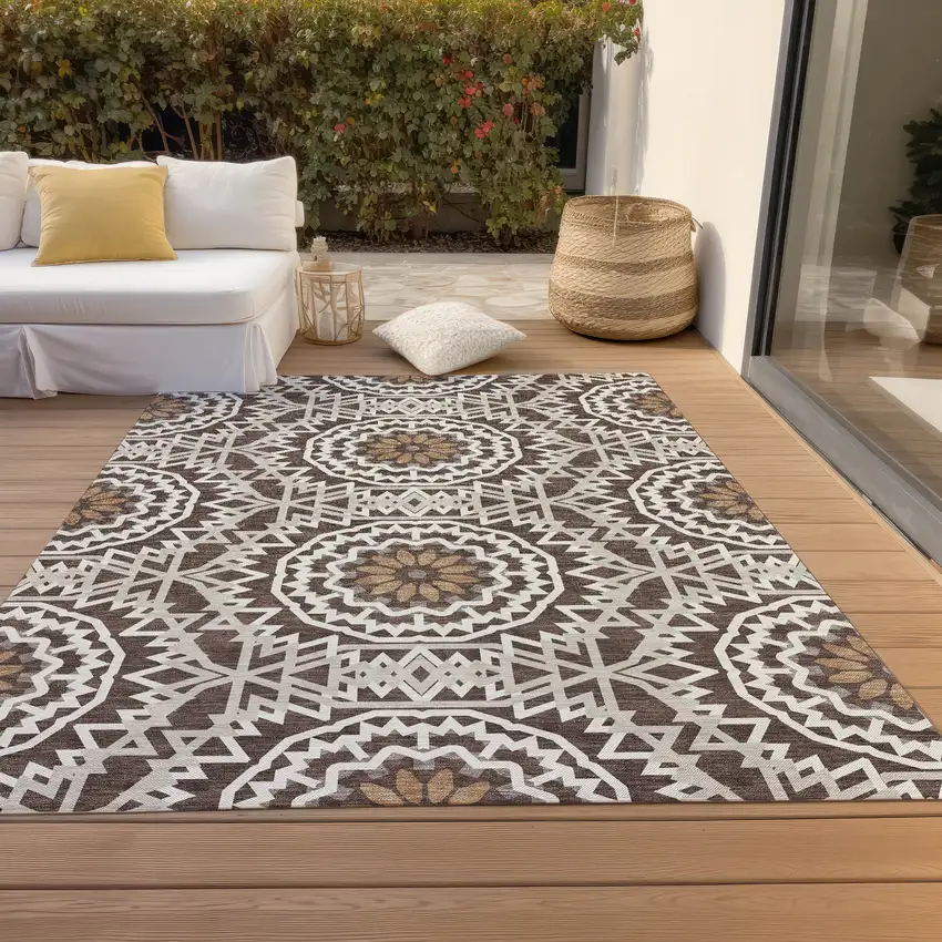 Chocolate Ivory And Taupe Floral Medallion Washable Indoor Outdoor Area Rug Photo 7