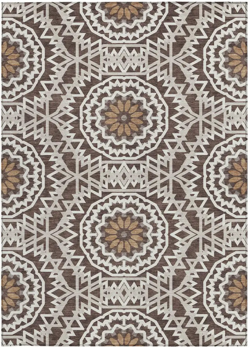 Chocolate Ivory And Taupe Floral Medallion Washable Indoor Outdoor Area Rug Photo 6