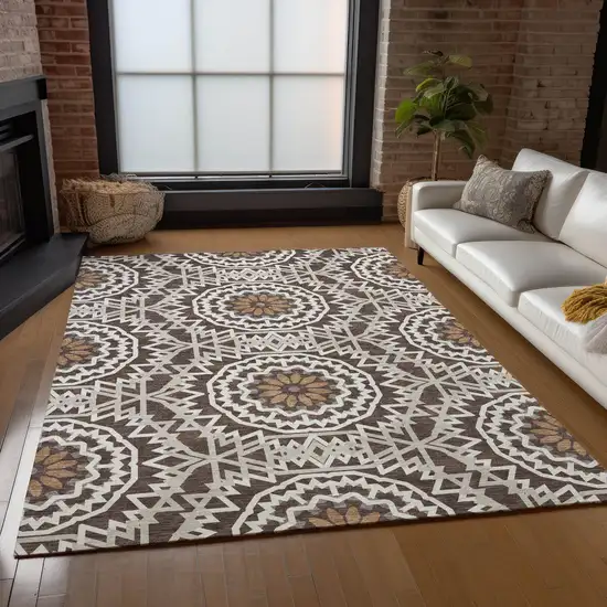 Chocolate Ivory And Taupe Floral Medallion Washable Indoor Outdoor Area Rug Photo 9